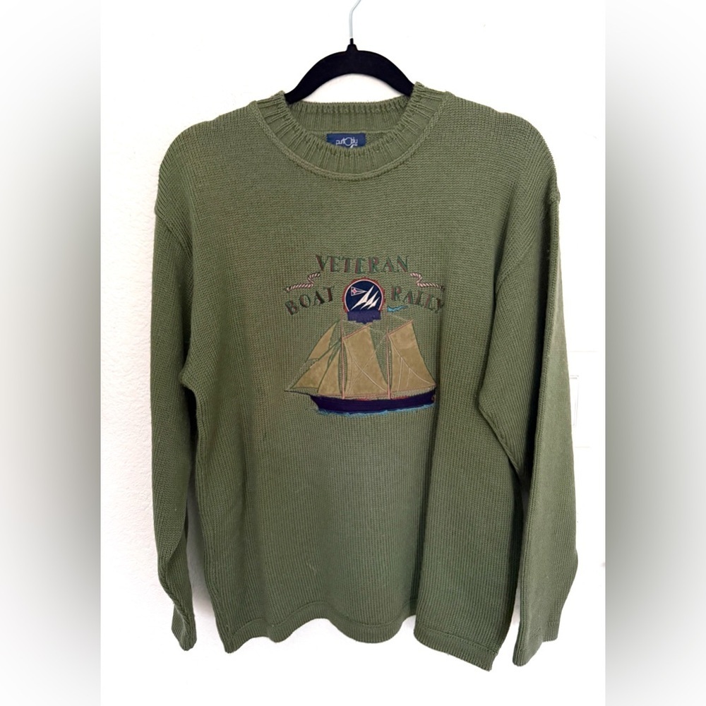 Vintage Sailing Boat Coastal Nautical Fisherman Grandpa 90s Sweater Embroidered